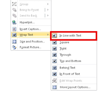 screenshot of selecting "in Line with Text" to ensure proper wrapping style