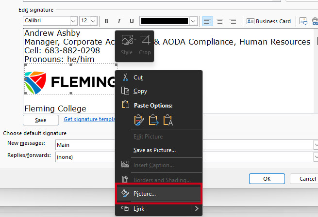 adding alt text to Fleming logo by selecting Picture from menu