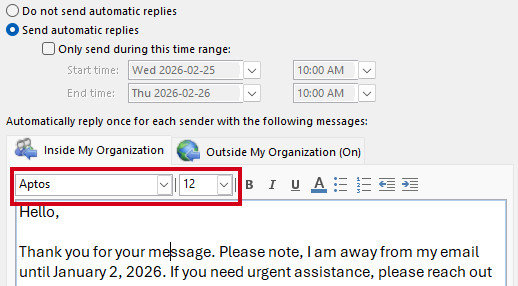 changing the font type and size in email auto replies