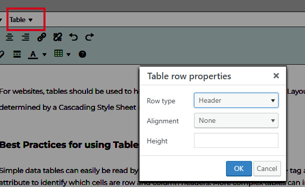 screenshot of table properties dialogue box