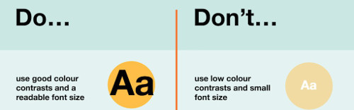 use good colour contrast and readable font size and don't use low colour contrast and small font size