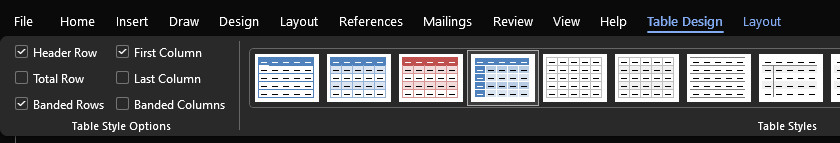 Table Design tab to add table headings to first column of table.