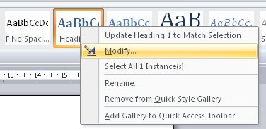 screenshot of modifying styles using right-click from ribbon