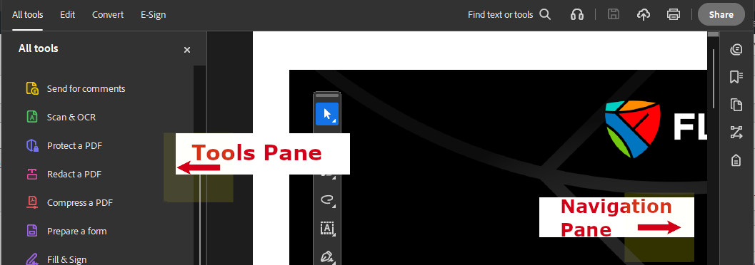 screenshot showing the position of the Tools and Navigation panes