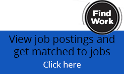 There is black text in a blue box that says: View job postings and get matched to Employers. A black and white circle icon above the blue box says: Find Work