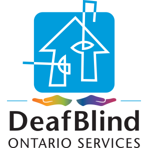 This image with a white outline of a house in a blue box. Rainbow coloured hands are holding the box and underneath the text says DeafBlind Ontario Services