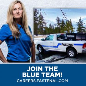 A woman wearing a blue t-shirt and jeans is standing beside a Fastenal company truck. The text below says Join the Blue Team visit careers.fastenal.com