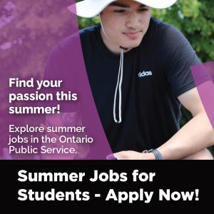 Text on a purple background says Find your passion this summer apply for jobs Ontario.ca/summerstudents 