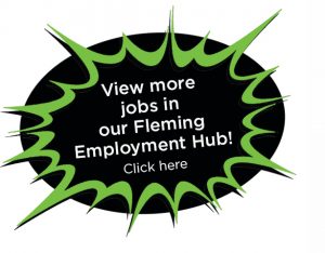 Text in a black and green starburst says View more jobs in our Fleming Employment Hub. click here. 