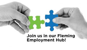 One hand holds a green puzzle piece next to a hand that holds a blue puzzle piece. The text says: Join us in our Fleming employment hub. 