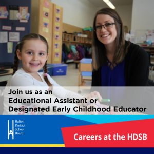 A young woman and child are sitting a table in a classroom smiling. Text says Join us as an Educational Assistant (EA) or Designated Early Childhood Educator