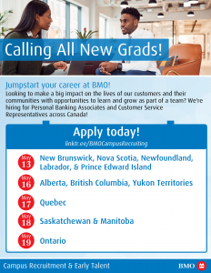 Text says calling all new grads! BMO is hiring. apply today at linktr.ee/BMOCampusRecruiting