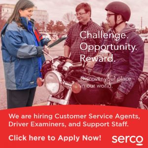 White text on a red background says: We are hiring Customer Service Agents, Driver Examiners, and Support Staff. Click here to Apply Now!. There is an image above of a woman with a clipboard talking to a young man on a motorcycle. 