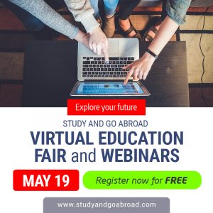 Below an image of a group of hands pointing to a laptop screen is text that says Study Abroad, Virtual Education Fair and Webinars on may 19. Register now it's free.