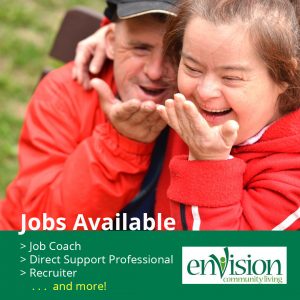 Image of a male and female with down syndrome and smiling. Text says Jobs Available: job coach, support professional and recruiter and more. 