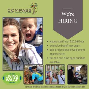Text says 'We're Hiring' at Compass Early learning and care centre. There is an image of a young woman with a big smile carrying a happy male toddler on her back. 