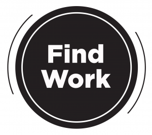 Black circle with the words in white: Find Work