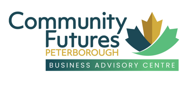 Text next to a two-tone green maple leaf says Community Futures Peterborough Business Advisory.