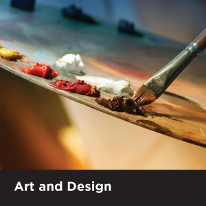 Picture of paint on a palette with a brush. The text reads Art and Design. Click on this image to be directed to the Art and Design industry information. 