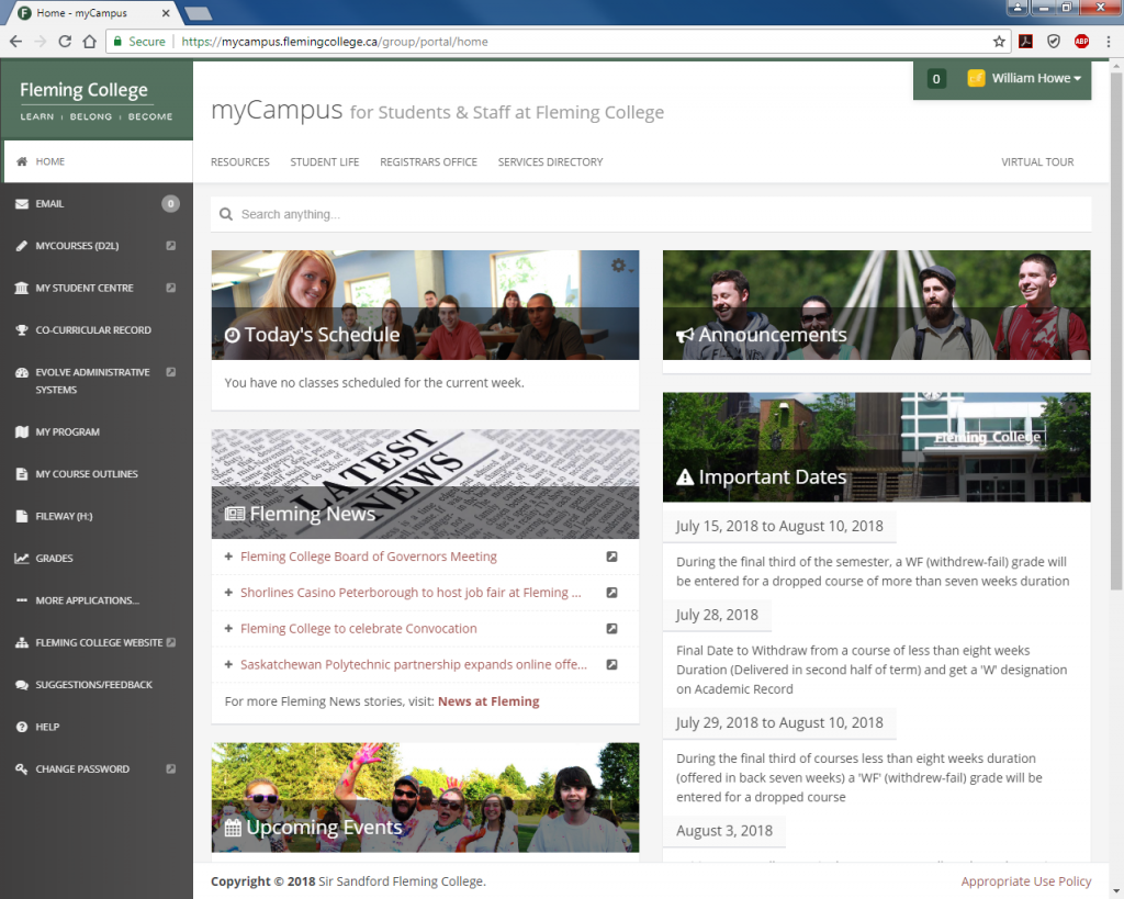 Screen capture of myCampus portal