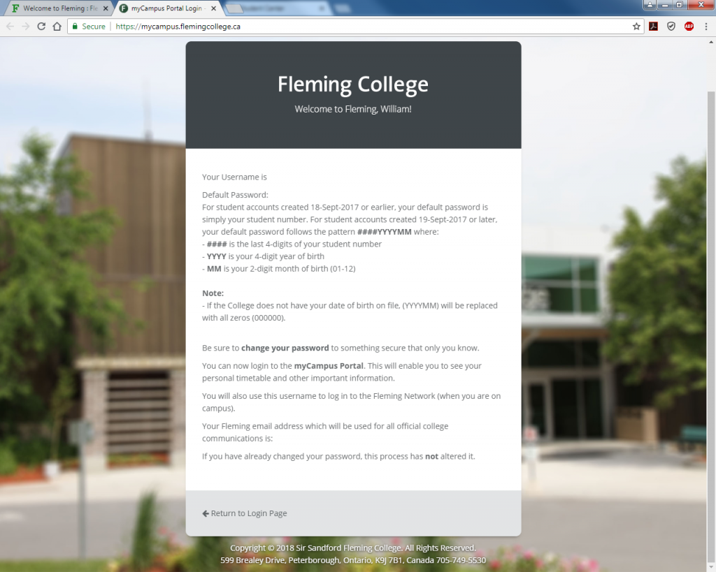 Screen capture of myCampus portal page