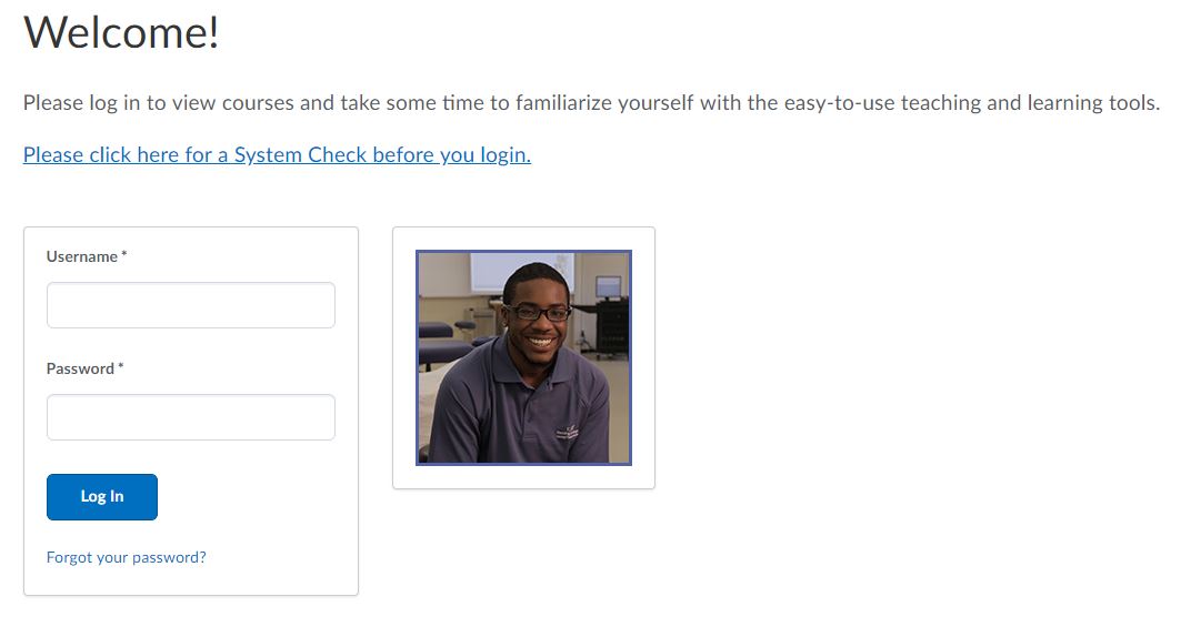 The welcome page for the D2L website. This image says "Welcome! Please log in to view courses and take some time to familiarize yourself with the easy-to-use teaching and learning tools." The image contains a photo of a man and the log in fields, the same as what appears on the Fleming D2L homepage.