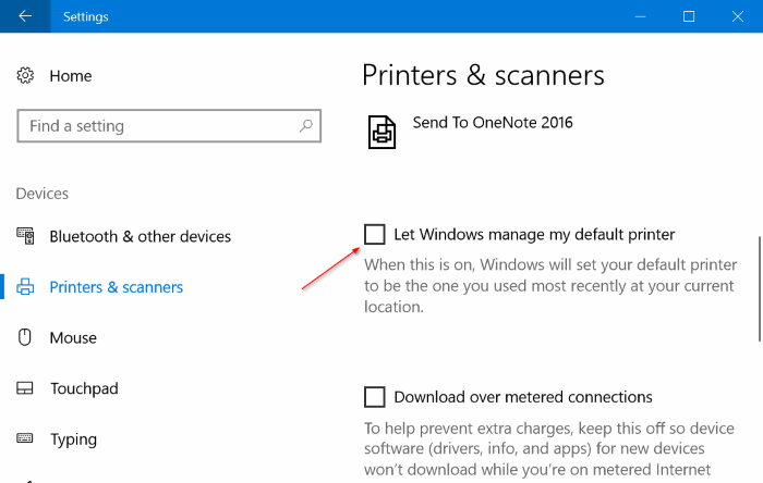 Screenshot of Printers & Scanners Windows setting for "Let windows manage my default printer"