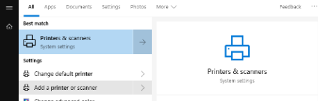 Screenshot of Windows Start Menu search for Printers & Scanners