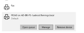 Screenshot of printer selection with Open queue, Manage, and Remove device buttons