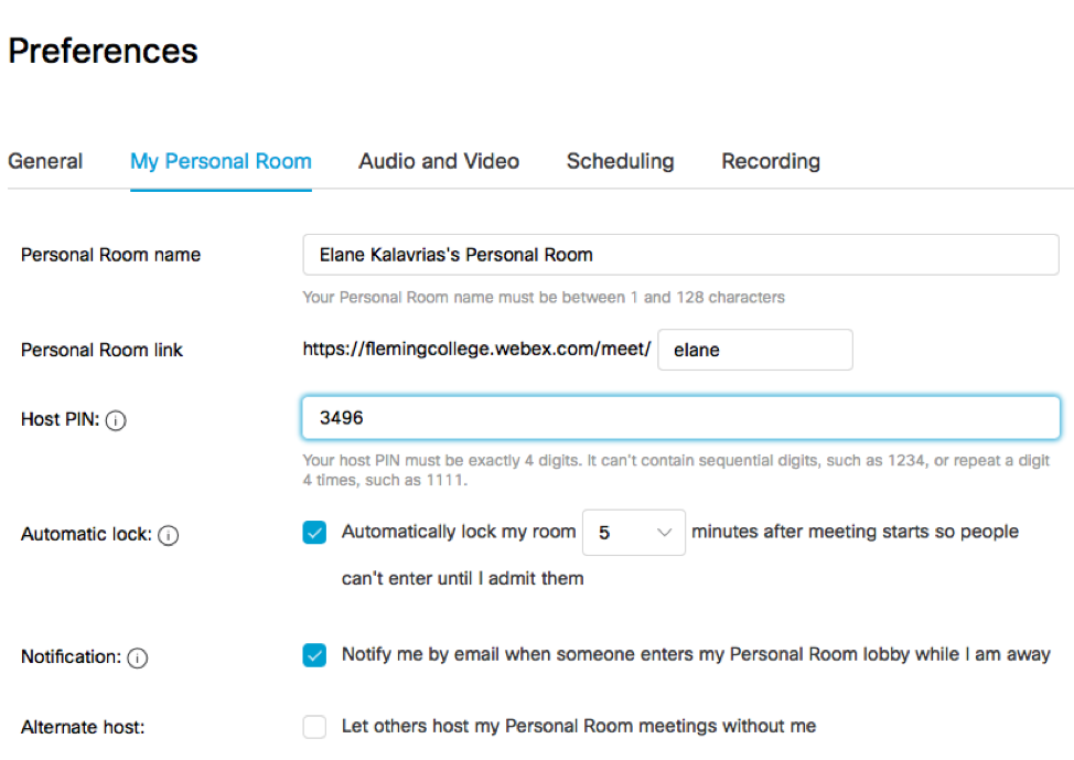 WebEx Meeting Preferences Screenshot