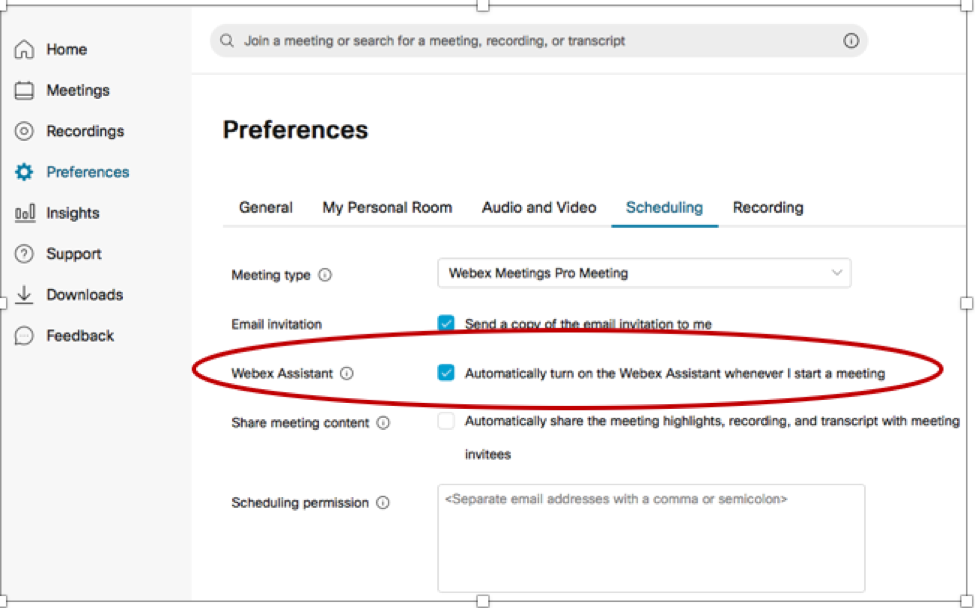 (Screenshot) demonstration of the Webex Assistant option found within Webex preference settings