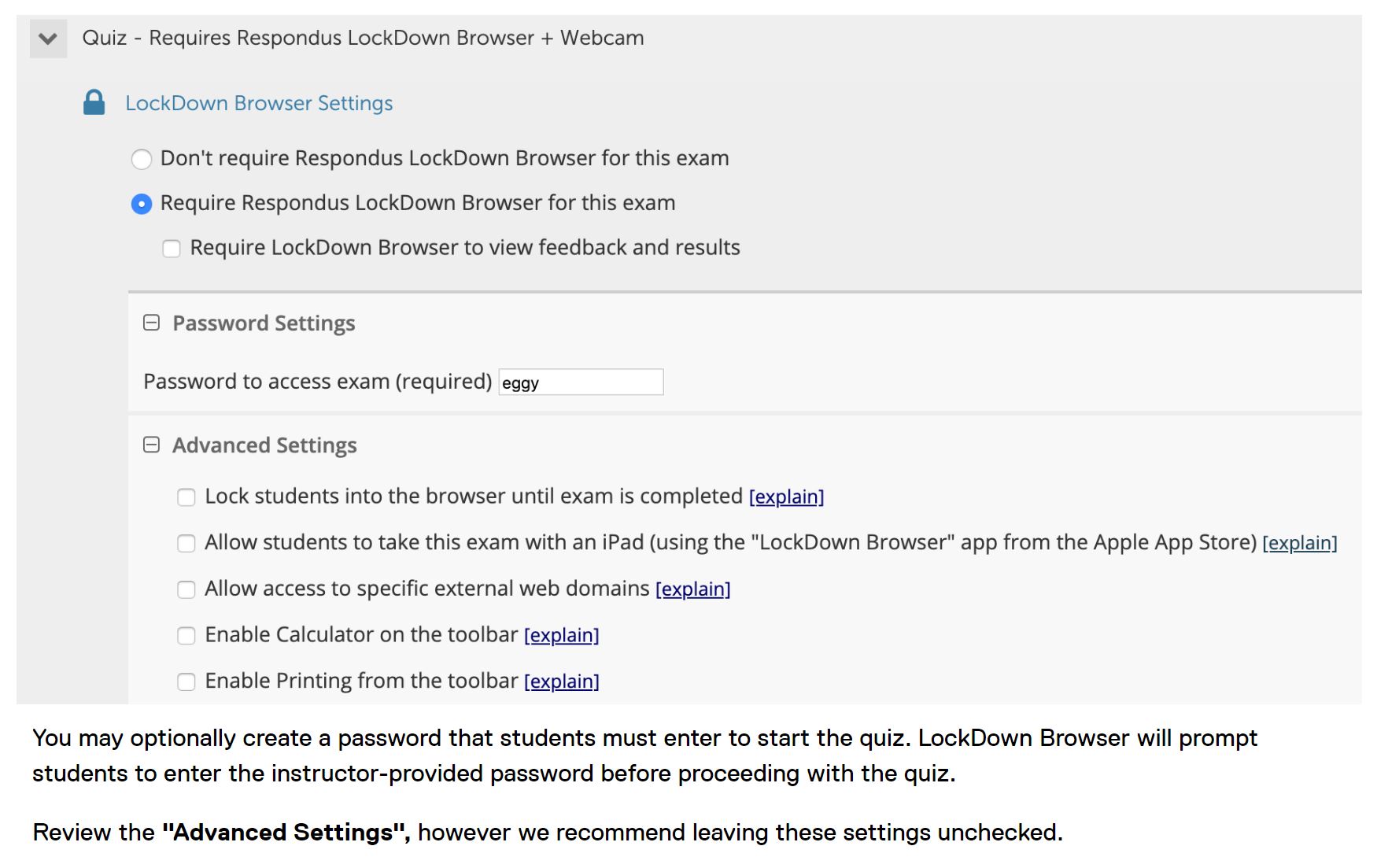 LockDown Browser settings and enabling a password