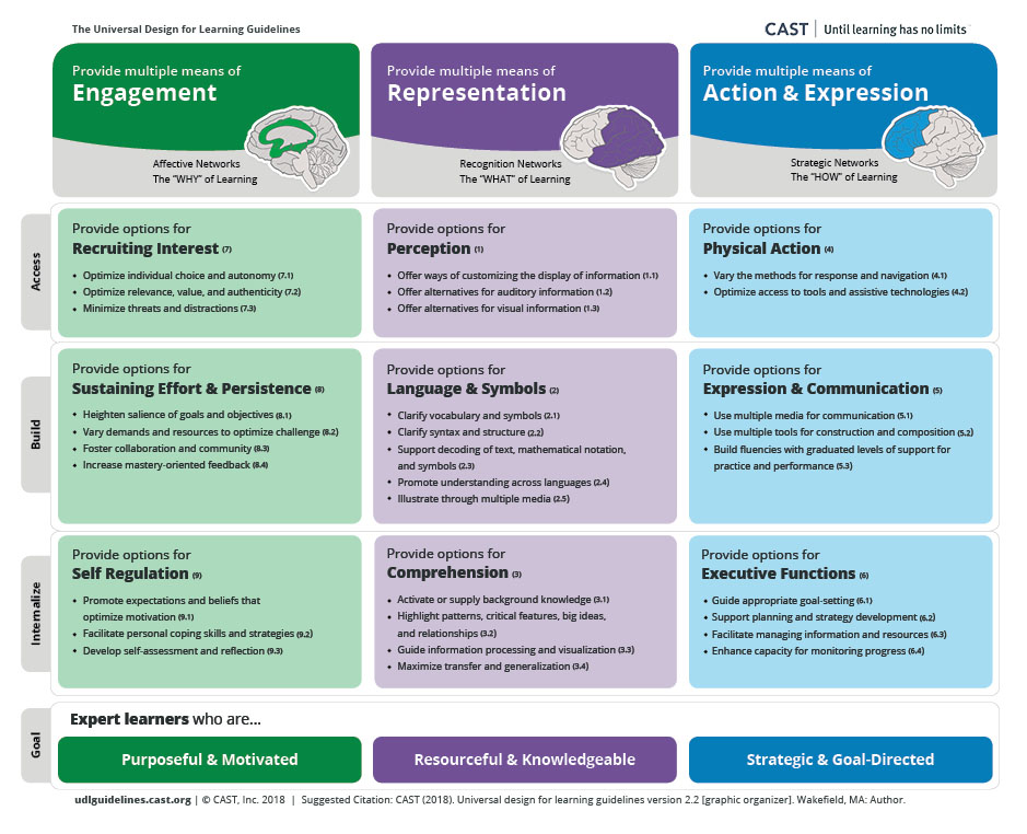 The UDL Guidelines are set up in columns (principles, left to right: engagement, representation, action & expression) and rows (top to bottom: access, build, internalize) with the goal of UDL (expert learners). Principle: Provide multiple means of engagement. Illustration of a brain with the center of the brain highlighted to show the affective networks: the “WHY” of learning. Guideline: Provide options for recruiting interest. Checkpoints: Optimize individual choice and autonomy, Optimize relevance, value, and authenticity, Minimize threats and distractions. Guideline: Provide options for sustaining effort and persistence. Checkpoints: Heighten salience of goals and objectives, Vary demands and resources to optimize challenge, Foster collaboration and community, Increase mastery-oriented feedback. Guideline: Provide options for self regulation. Checkpoints: Promote expectations and beliefs that optimize motivation, Facilitate personal coping skills and strategies, Develop self-assessment and reflection. Principle: Provide multiple means of representation. Illustration of a brain with the back of the brain highlighted to show the recognition networks: the “WHAT” of learning. Guideline: Provide options for perception. Checkpoints: Offer ways of customizing the display of information, Offer alternatives for auditory information, Offer alternatives for visual information. Guideline: Provide options for language and symbols. Checkpoints: Clarify vocabulary and symbols, Clarify syntax and structure, Support decoding of text, mathematical notation, and symbols, Promote understanding across languages, Illustrate through multiple media. Guideline: Provide options for comprehension. Checkpoints: Activate or supply background knowledge, Highlight patterns, critical features, big ideas, and relationships, Guide information processing and visualization, Maximize transfer and generalization. Principle: Provide multiple means of action & expression. Illustration of a brain with the front of the brain highlighted to show the strategic networks: the HOW of learning. Guideline: Provide options for physical action. Checkpoints: Vary the methods for response and navigation, Optimize access to tools and assistive technologies. Guideline: Provide options for expression and communication. Checkpoints: Use multiple media for communication, Use multiple tools for construction and composition, Build fluencies with graduated levels of support for practice and performance. Guideline: Provide options for executive functions. Checkpoints: Guide appropriate goal-setting, Support planning and strategy development, Facilitate managing information and resources, Enhance capacity for monitoring progress. The row of the UDL Guidelines includes: Provide options for recruiting interest (engagement), Provide options for perception (representation), and Provide options for physical action (action & expression). The “build” row of the UDL Guidelines includes: Provide options for sustaining effort and persistence (engagement), Provide options for language and symbols (representation), and Provide options for expression and communication (action & expression). The “internalize” row of the UDL Guidelines includes: Provide options for self regulation (engagement), Provide options for comprehension (representation), and Provide options for executive functions (action & expression). The goal of UDL is expert learners who are: purposeful and motivated, resourceful and knowledgeable, and strategic and goal-directed. 