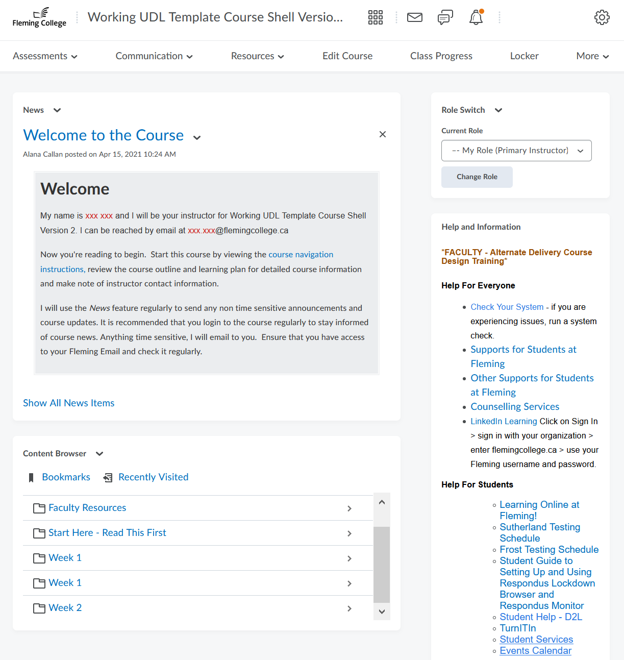 Brightspace D2L course home page sample
