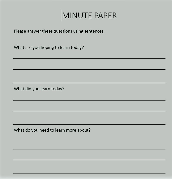 Minute paper showing 3 questions: What are you hoping to learn today? What did you learn today? What do you need to learn more about?
