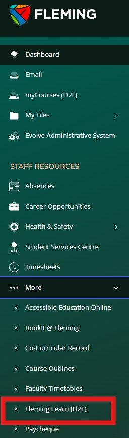 Image of the myCampus Portal Dashboard menu showing the location of the Fleming Learn (D2L) link