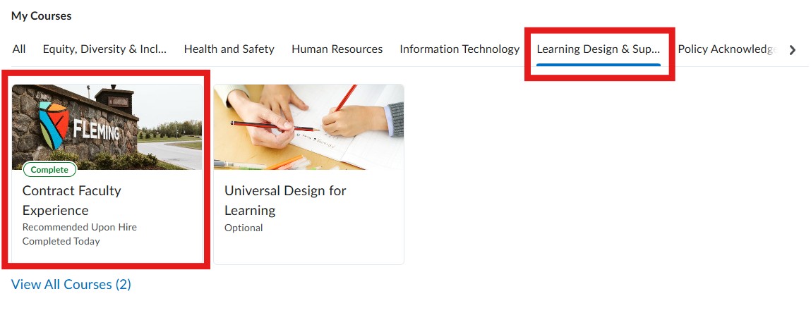 Fleming Learn (D2L) Menu showing the Contract Faculty Experience course title and image.