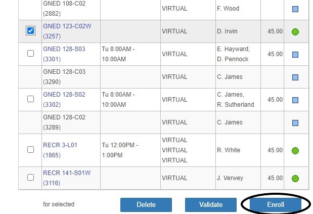 Shows that the class GNED 123-C02W is checked and the Enroll button is circled