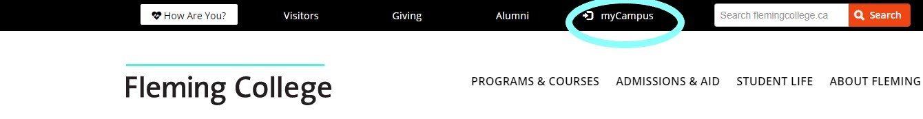 Shows the top of Fleming College's Home page with the link to myCampus circled