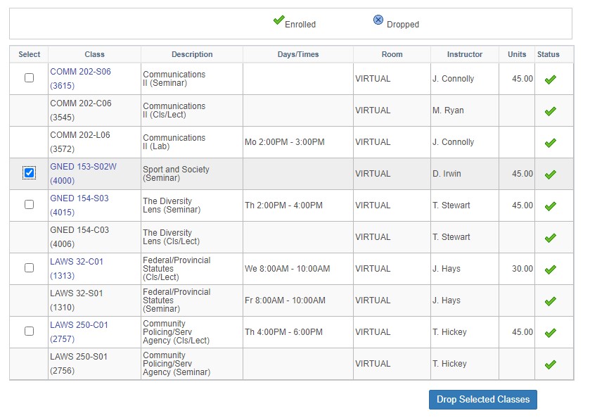 Shows a list of your enrolled classes with GNED 153 checked