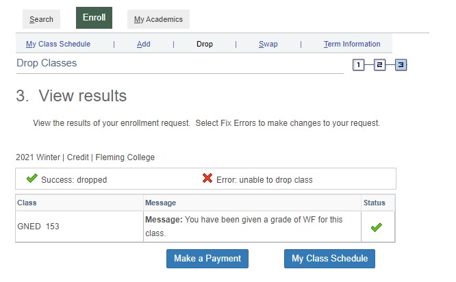 Shows View Results screen and that your drop was successful