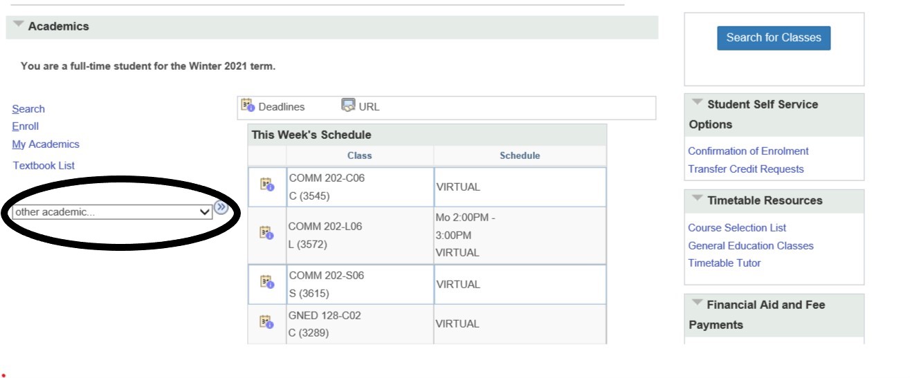 Shows your Student Center with the Drop Down box circled